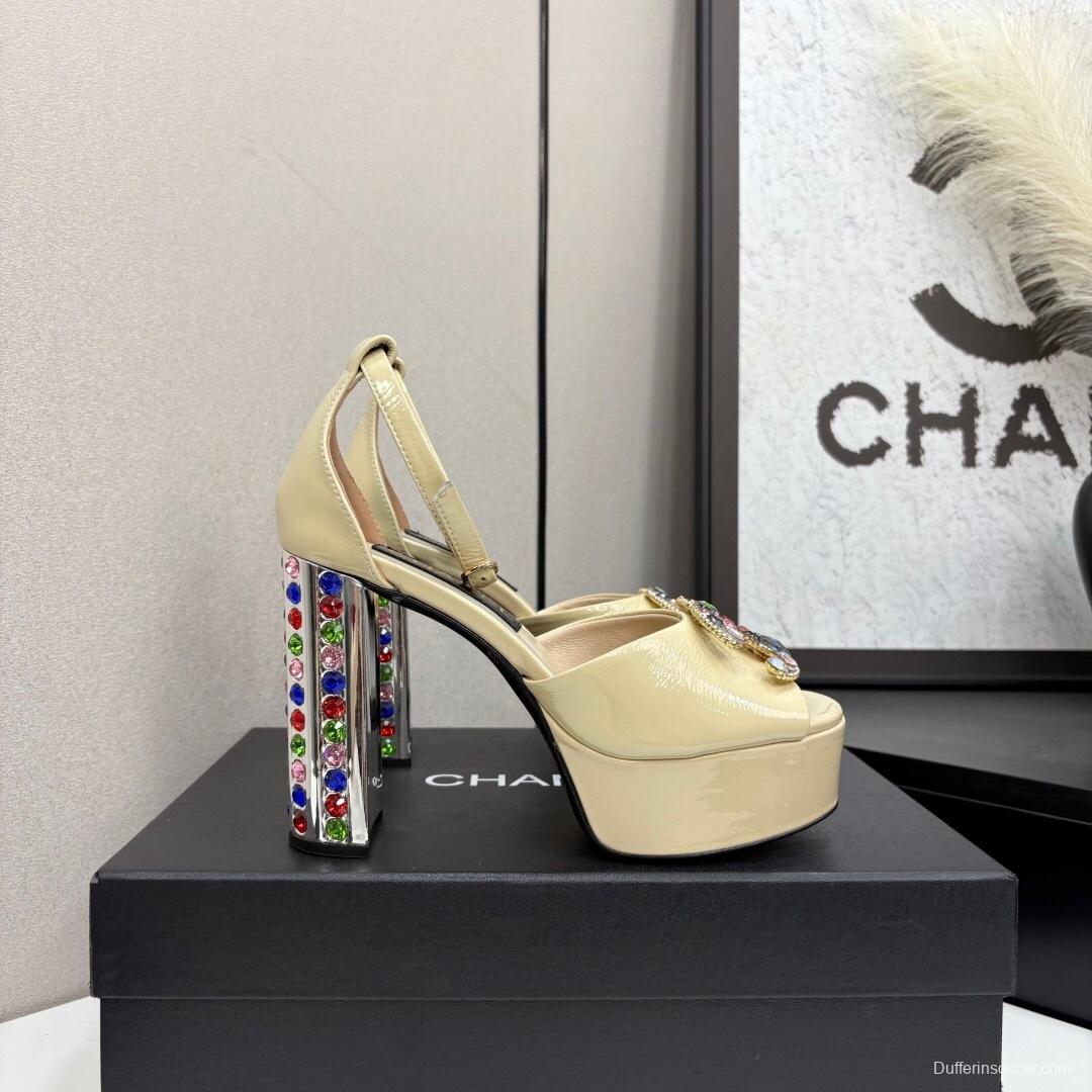 Adidas 2025/SS Little Fragrance Style Nightclub Color Diamond Chunky Heel Square Heel High Heel Waterproof Platform Back Strap Simple Sandals - KFY00350