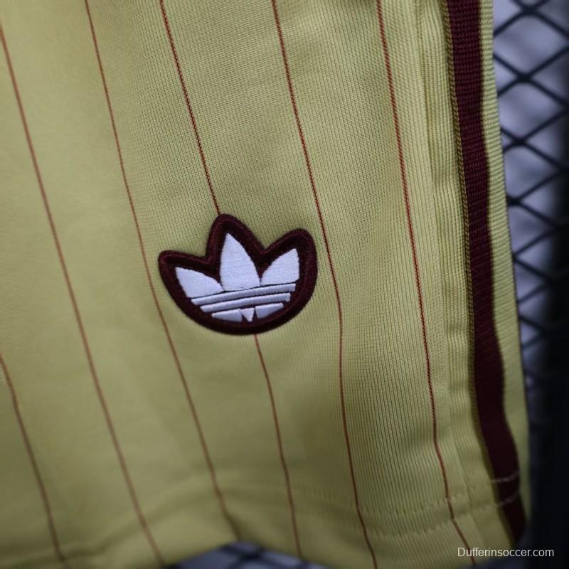 Player Version 25/26 Arsenal Yellow with Burgundy Side Stripes and Pinstripes Shorts