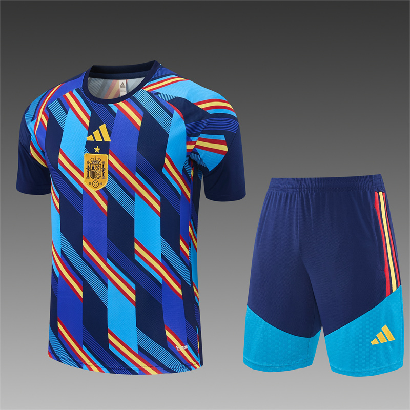 2026 Spain Navy Blue Multi-Color Diagonal Stripe Short Sleeve+Soccer Shorts