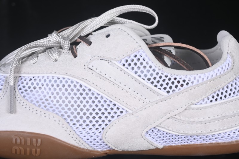 Miumiu Gymnasium 26s Spring Summer Runway Multi-Element Clash Round Toe Lace-Up Mesh German Trainer Shoes Leather