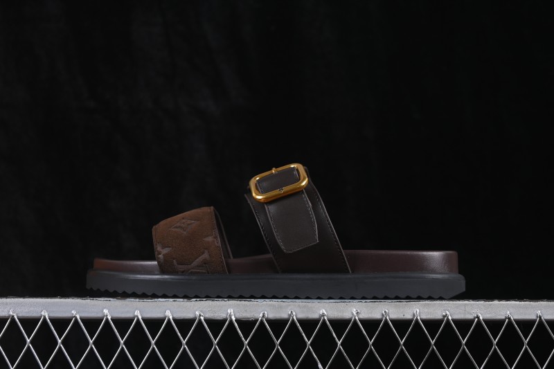 Louis Vuitton Venice Comfort Calf Suede Round-Toe Slide Sandals